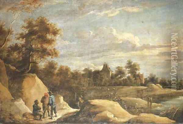 A landscape with peasants conversing on a path by a river, a chateau beyond Oil Painting - David The Younger Teniers