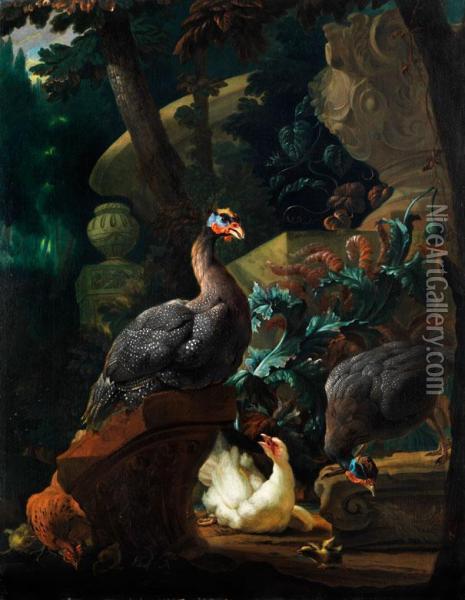 Perlhuhnpaar Mit Kuken Nebendistelblattern Oil Painting - Abraham Bisschop