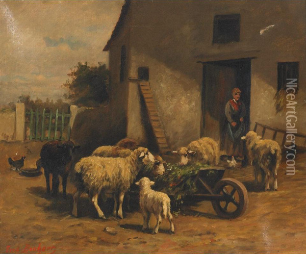 Sheep And Chickens In A Barn Oil Painting - Ferdinand Bonheur