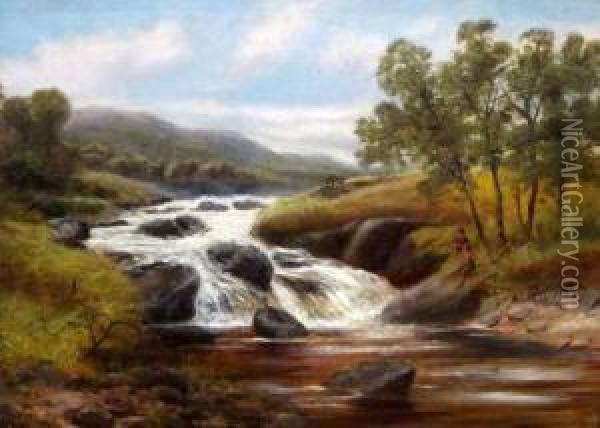 River Landscape With Children Fishing From A Rock Oil Painting - James Syer