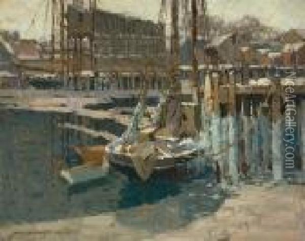 Gloucester Harbor In Winter Oil Painting - Frederick John Mulhaupt
