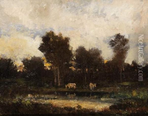 Vaches Dans Un Pre Au Soleil Couchant Oil Painting - Theodore Rousseau
