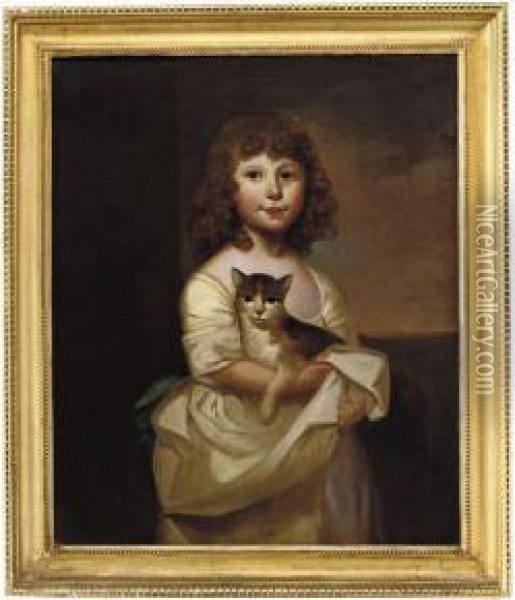 Portrait Of A Young Girl, 
Standing Three-quarter-length, In A Whitegown, Holding A Cat, A 
Landscape Beyond Oil Painting - James Northcote