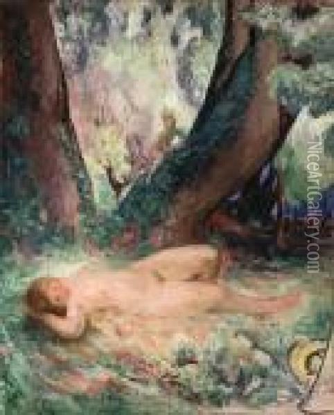 Femme Nue Allong Dans Le Jardin Avec Satyr (reclining Nude In Thegarden With A Satyr) Oil Painting - Henri Lebasque
