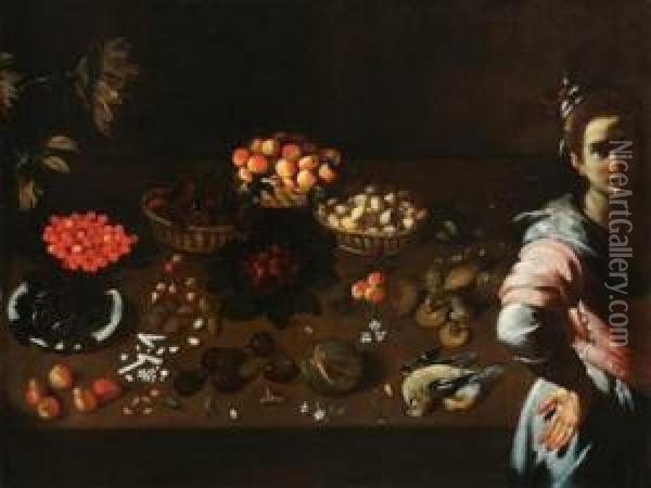 Grande Tavolo Con Natura Morta E Figura Femminile Oil Painting - Bernardo Strozzi