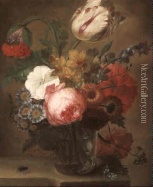 Still Lifes Of Flowers In A Glass Vase: A Pair Of Paintings Oil Painting - J. Schepens