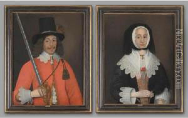 Portrait Of Colonel John Hutchinson (1615-1664) And His Wife, Mrs Hutchinson, Nee Lucy Apsley (b.1620), Both Half Length, He Wearing A Red Tunic With White Collar And Cuffs And A Black Hat, A Sword In His Right Hand, She Wearing A Black Dress And A Headdr Oil Painting - John Souch