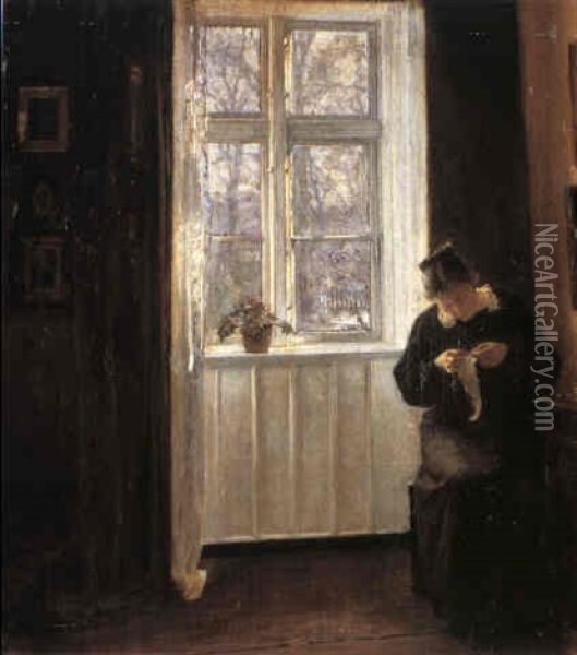 Interior Med Ung Pige Der Syr Ved Vinduet Oil Painting - Carl Vilhelm Holsoe
