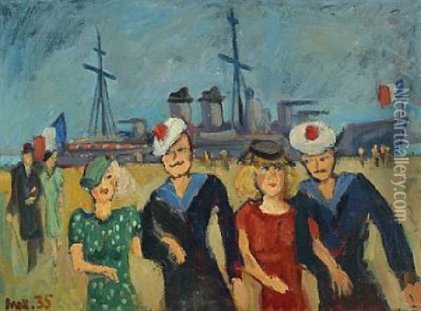 Scenery From The Docks With French Sailors And Their Girfriends On The Quay Oil Painting - Max Mueller