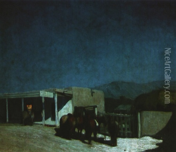 Horses In Front Of Kit Carson's House Oil Painting - Oscar Edmund Berninghaus