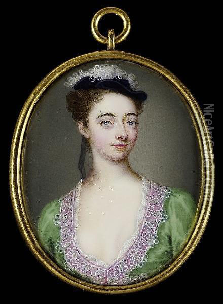 A Lady, Wearing Decollete 
Leaf-green Dress Trimmed With White Lace Over Pink Ribbon And Black 
Velvet Cap Trimmed With White Ostrich Feathers, Her Hair Upswept And 
Tied With A Trailing Grey Ribbon Oil Painting - Christian Friedrich Zincke