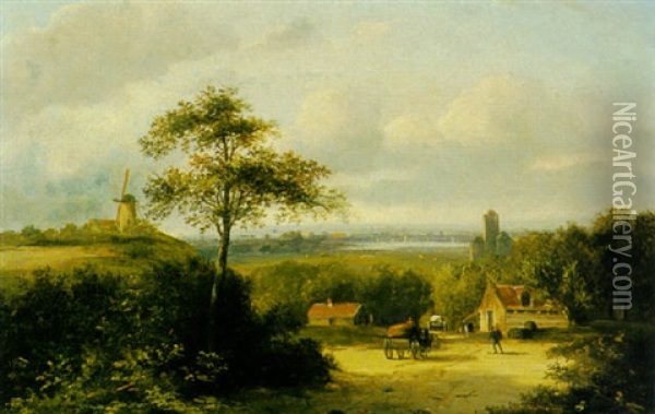 Peasants On Horse-drawn Carts In A Summer Landscape Oil Painting - Jan Evert Morel the Younger