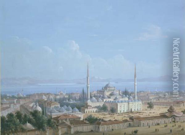 The Sultan Beyazit Ii Mosque 
Complex With A View Of The Golden Horn Beyond, Constantinople Oil Painting - Carlo Bossoli