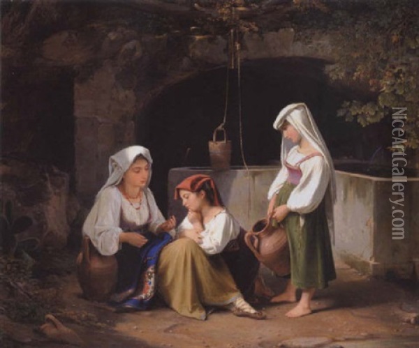En Aeldre Pige Laerer Tvende Yngre At Bede Pa Rosenkrandsen Oil Painting - Albert Kuchler