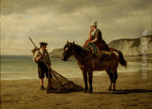 Norman Couple Wrapped Up In Conversation Near The Shore Oil Painting - Willem Carel Nakken