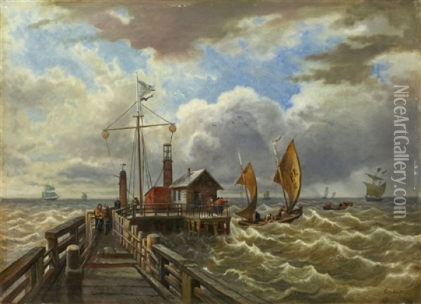 Marine Mit Pier Und Schiffen Im Sturm Oil Painting - Carl (Baron von) Hafften