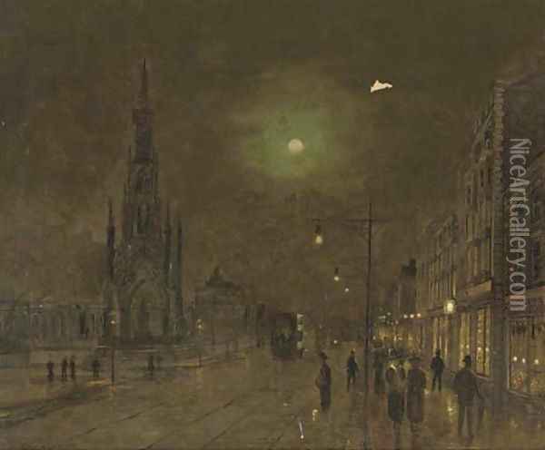 The Scott Memorial and Princes's Street, Edinburgh at night Oil Painting - John Atkinson Grimshaw