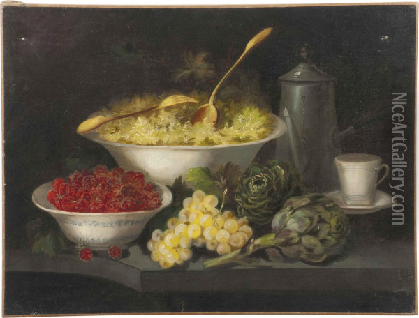 Fruit With A Chocolate Pot And A Saucer On A Ledge Oil Painting - Peter Paul Binoit