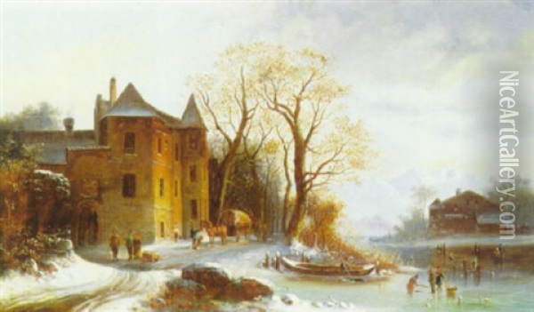 Winter Village Along The Canal Oil Painting - Anton Doll