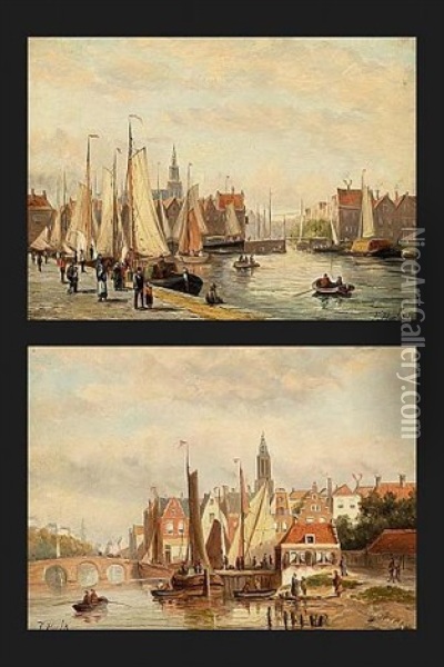 Views Of Ships In The Harbour Of A Dutch Town (pair) Oil Painting - John Frederik Hulk the Younger