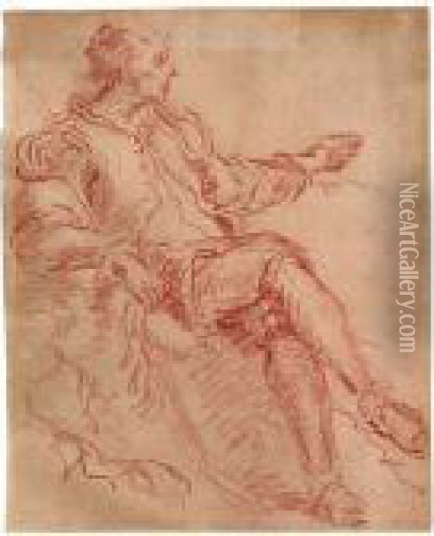 A Study Of A Seated Hunter With A Rifle And Plumed Hat, His Left Arm Extended Oil Painting - Francois Lemoine (see Lemoyne)