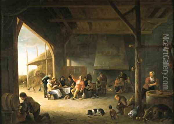 The interior of a barn with boors carousing Oil Painting - Pieter de Bloot