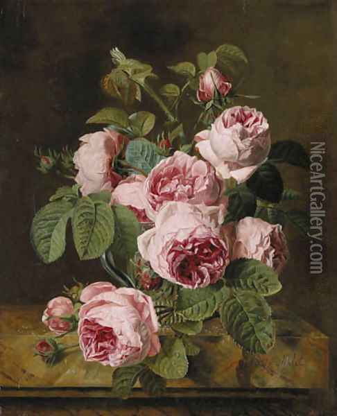 Pink roses in a glass vase on a marble edge Oil Painting - Vicomtesse Iphignie Decaux, Ne Milet-Moreau