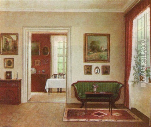 Interior With Green Sofa Oil Painting - Hans Hilsoe
