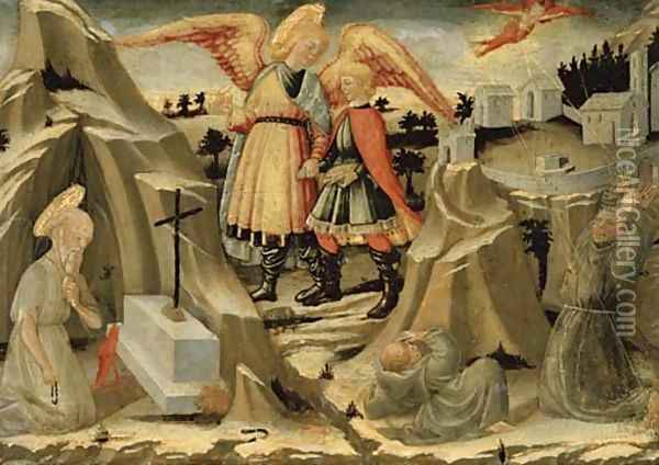 Tobias and the Angel, the Penitence of Saint Jerome and the Stigmatization of Saint Francis Oil Painting - Nero di Bicci