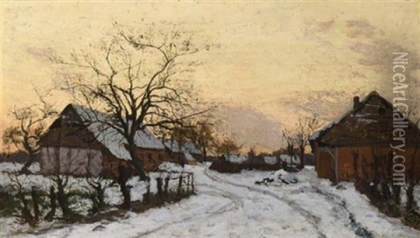 Farmhouses In The Snow Oil Painting - Alphonse Asselbergs