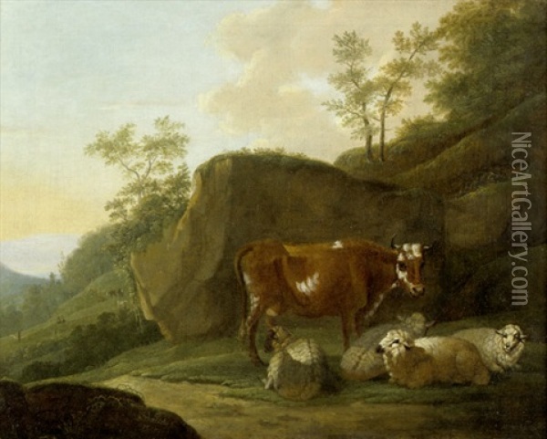 Pastorale Landschaft Mit Kuh Und Ruhenden Schafen Oil Painting - Johann Friedrich Weitsch