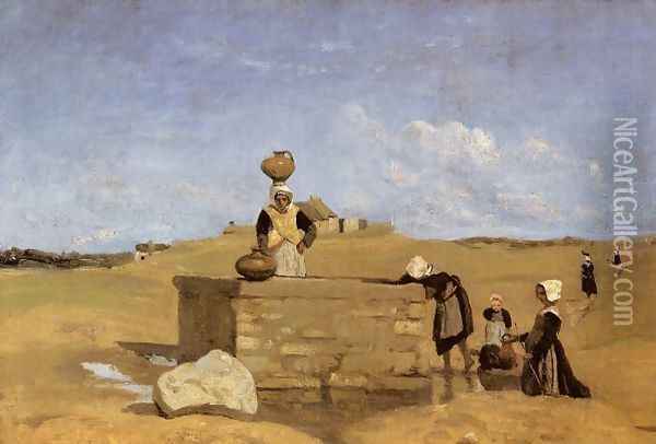 Breton Women at the Well near Batz, c.1842 Oil Painting - Jean-Baptiste-Camille Corot