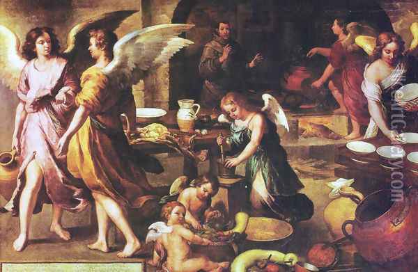 The angel's kitchen (detail) Oil Painting - Bartolome Esteban Murillo