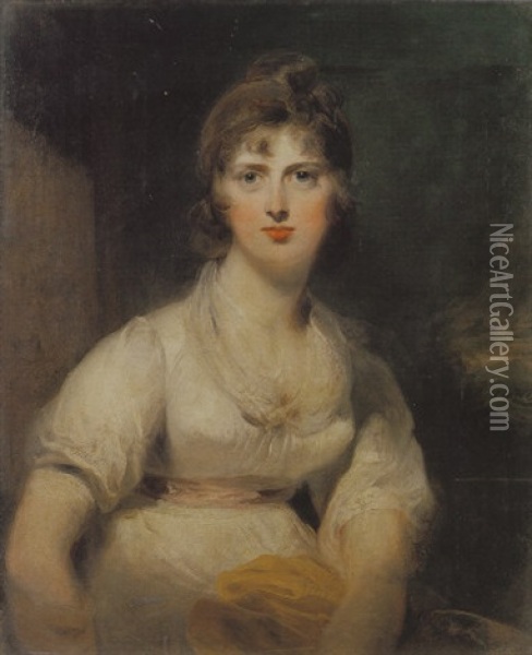 Portrait Of Margarette Willes Wearing A White Dress And Pink Sash, With A Landscape Beyond Oil Painting - Thomas Lawrence