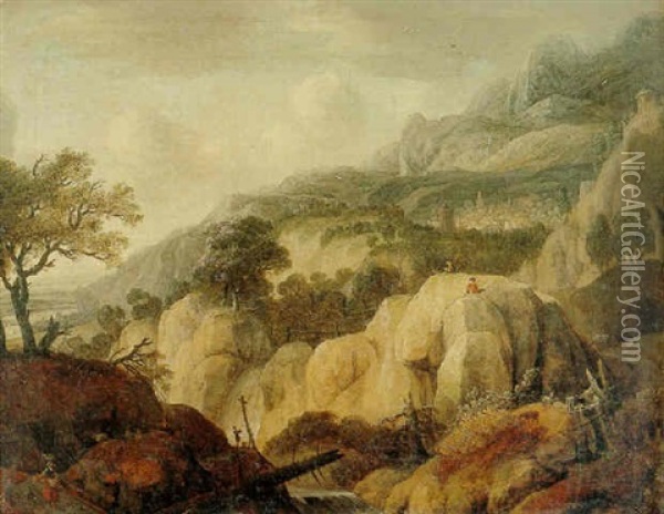 Mountainous Landscape With An Artist Sketching Oil Painting - Jacob De Villeers