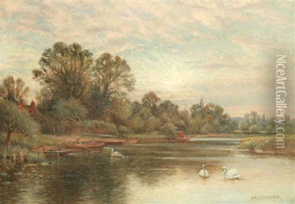 River Landscape With Swans Oil Painting - Alfred Augustus Glendening Sr.