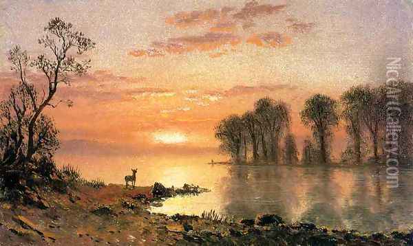 Sunset Deer And River Oil Painting - Albert Bierstadt