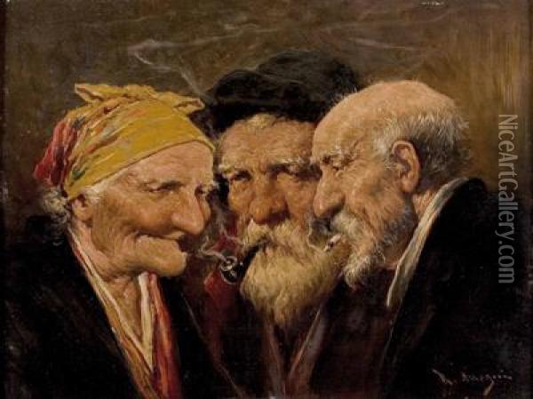 Die Wirkung Des Rauchens: 3 Charakterkopfe Oil Painting - Roman Arregui