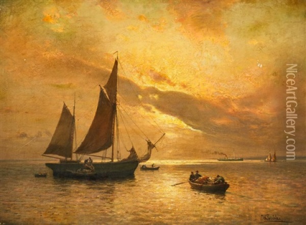 Ships At Sunset Oil Painting - Hermann Eschke