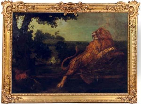 A Lion Caught In A Net With A Squirl Nearby Oil Painting - Frans Snyders