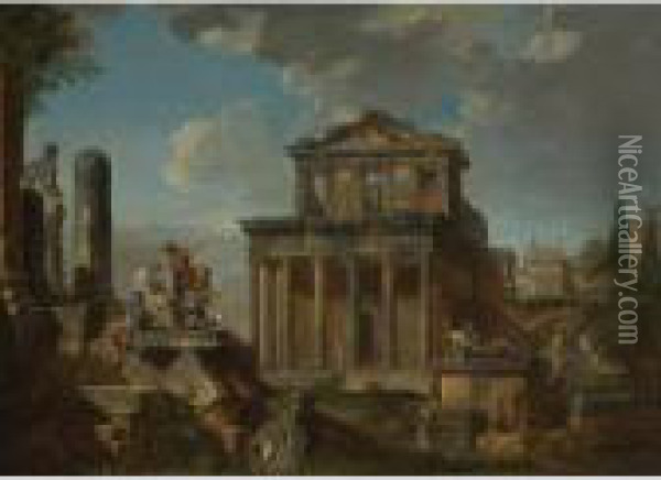 Capriccio With The Temple Of The Divine Antoninus Pius Andfaustina Oil Painting - Giovanni Niccolo Servandoni