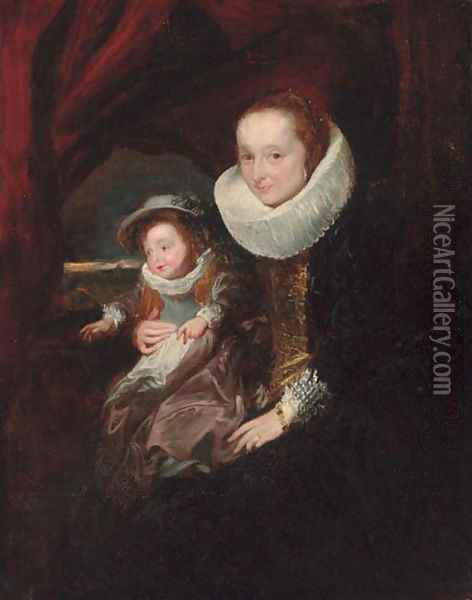 Portrait of a woman and child, small three-quarter-length, in an interior Oil Painting - Sir Anthony Van Dyck