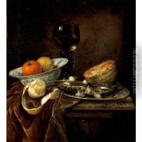 Still Life Of An Orange And A 
Lemon In A Porcelain Bowl, A Roemer, A Melon, A Sliced Herring On A 
Pewter Plate, And A Peeled Lemon Together On A Table Draped With A 
Velvet Cloth Oil Painting - Abraham Hendrickz Van Beyeren