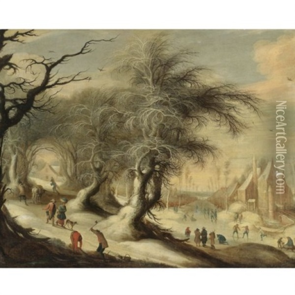 A Winter Landscape With Skaters On A Frozen River And Peasants Collecting Wood Oil Painting - Gysbrecht Leytens