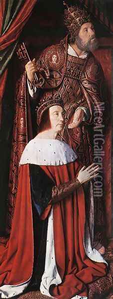 Pierre de Bourbon and his Patron Saint 1498-99 Oil Painting - Master of Moulins (Jean Hey)