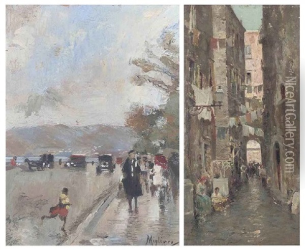 A Street On The Neapolitan Coast (+ A Street In Naples; 2 Works) Oil Painting - Vincenzo Migliaro