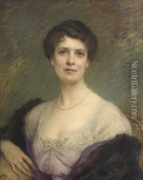 Portrat Einer Elegant Gekleideten Dame Mit Perlenkette. Oil Painting - Charles Amable Lenoir