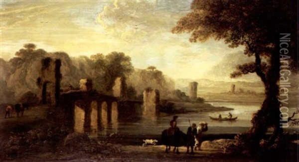 An Italianate River Landscape With Travellers By A Stone Bridge, Mountains Beyond Oil Painting - Jan de Momper