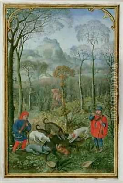 December killing the boar, from a Book of Hours Oil Painting - Simon Bening