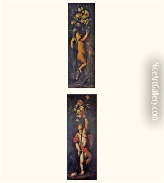 Putto A La Grappe De Raisin Surmonte D'un Bouquet De Fleurs (+ Putto Brandissant Une Composition De Fruits Au Bout D'une Lance; 2 Works) Oil Painting - Domenico Piola